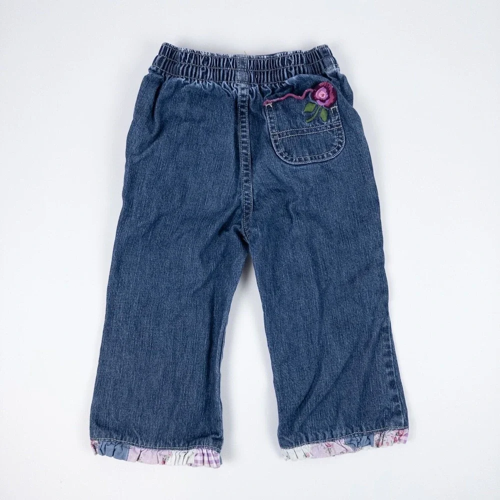 Vintage OshKosh Denim Jeans Y2K‎ Blue Floral Ruffle Hem Baby Girls 18 Months